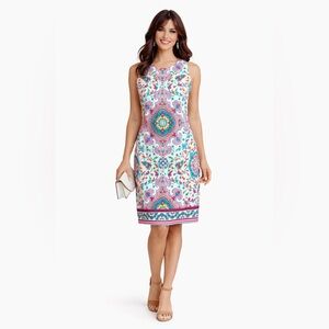 London Times Colorful Medallion Print Sleeveless Sheath Dress